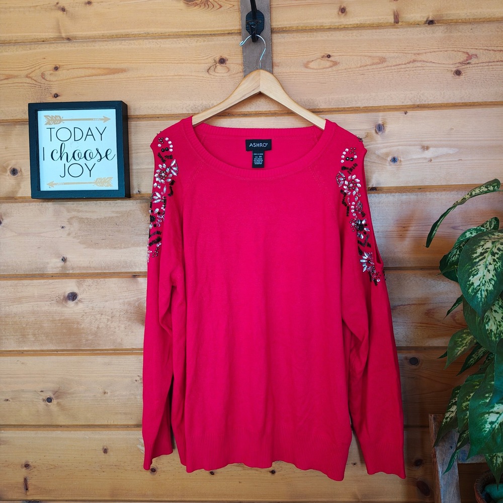 Ashro Red Knit Cold Shoulder‎ Sweater Floral Beaded Embellished Top Plus Size 2X